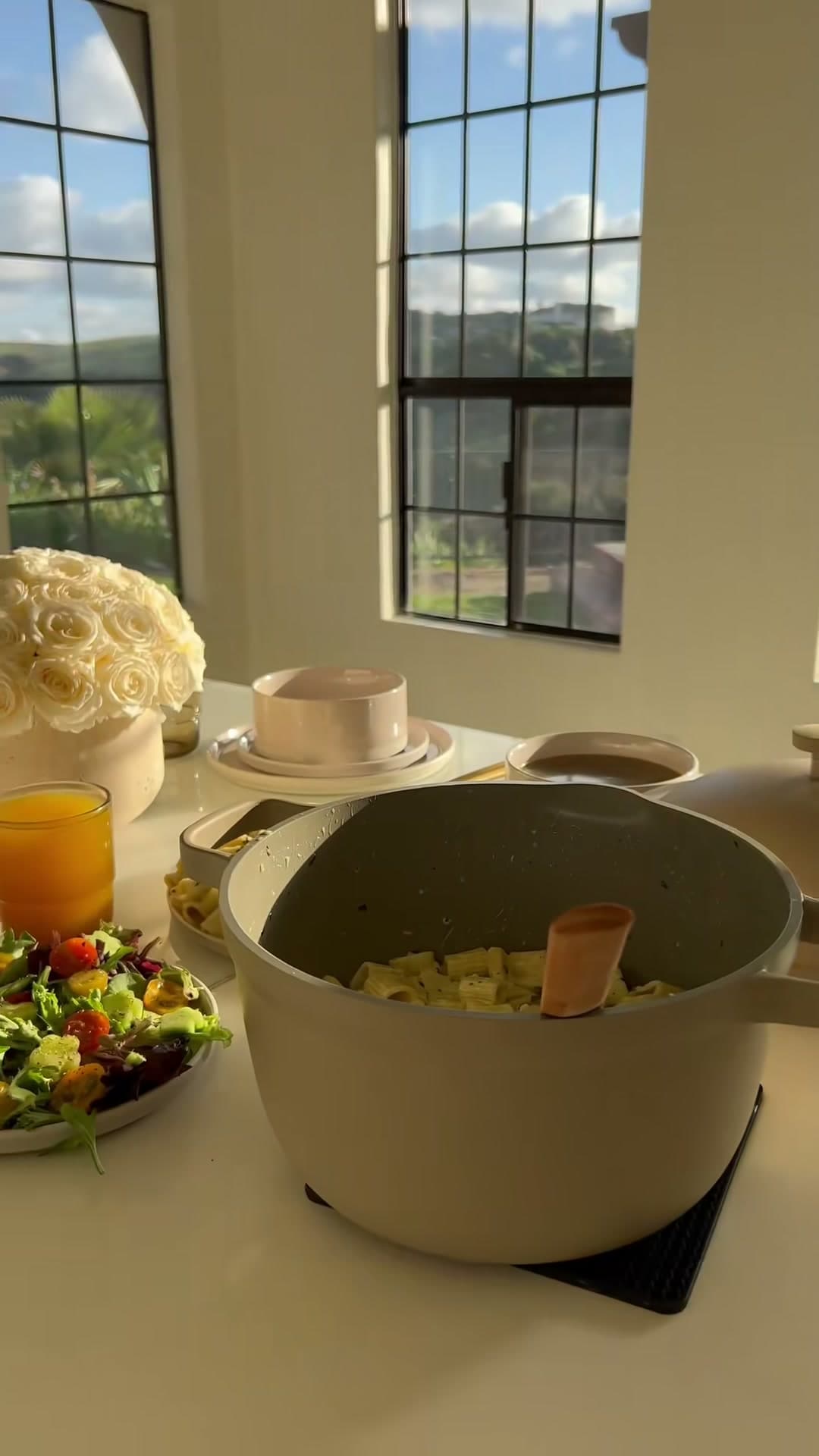 Spring Meal with Vegetable Soup, Spring Salad, and Creamy Lemon Herb Pasta